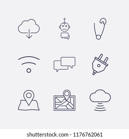 Outline 9 connect icon set. plug, safety pin, cloud download, wifi, map location, chat bot, cloud signal and chat vector illustration
