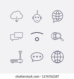 Outline 9 connect icon set. globe search, globe, globe chat, chat, wifi, chat bubble, bot, router and cloud download vector illustration