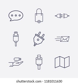 Outline 9 connect icon set. map, hand in usb, shopping bag add, chat bubble, send message, plug and usb plug vector illustration