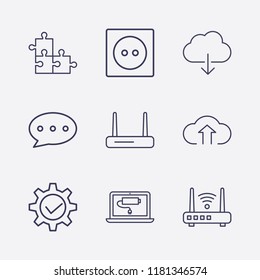 Outline 9 connect icon set. gear check, cloud download, router, chat bubble, socket, laptop energy, cloud upload and jigsaw vector illustration