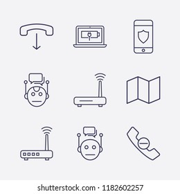 Outline 9 connect icon set. handset down, smartphone with shield, laptop energy, handset remove, router, map and chat bot vector illustration