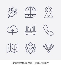 Outline 9 connect icon set. handset, wi fi signal, globe chat, map location, plug, map, cloud upload, gear check and router vector illustration