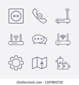 Outline 9 connect icon set. router, jigsaw, chat bubble, handset remove, gear, map and socket vector illustration