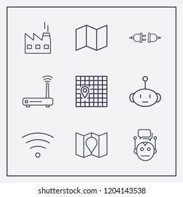 Outline 9 connect icon set. bot, map, plug and router vector illustration