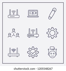 Outline 9 connect icon set. gear check, chat bot, network and laptop energy vector illustration