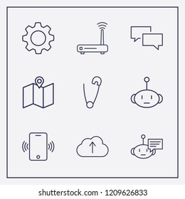Outline 9 connect icon set. gear, phone vibrate, chat and cloud upload vector illustration