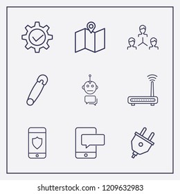Outline 9 connect icon set. safety pin, smartphone bubble chat, smartphone with shield and plug vector illustration