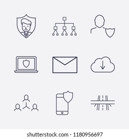 Outline 9 connection icon set. smartphone security, laptop shield, network, user shield, overpass, cloud download, organization and mail vector illustration
