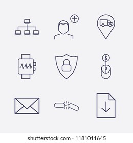 Outline 9 connection icon set. download document, lan network, shield lock, broken chain, online shopping, message, smart watch, truck location and add user vector illustration