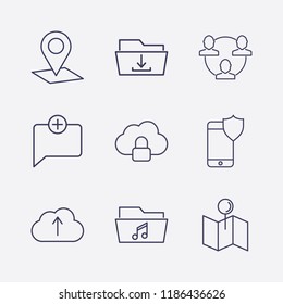 Outline 9 connection icon set. networking, download folder, cloud lock, cloud upload, add chat, music folder, map location, smartphone security and location vector illustration