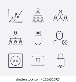 Outline 9 connection icon set. close user, analytics, network, shopping bag add, socket, laptop shield, corporate organization, organization and usb vector illustration