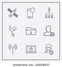 Outline 9 connection icon set. satellite, organization, user setting and wifi signal vector illustration