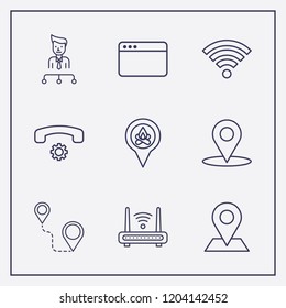 Outline 9 connection icon set. wi fi signal, browser, location and handset setting vector illustration