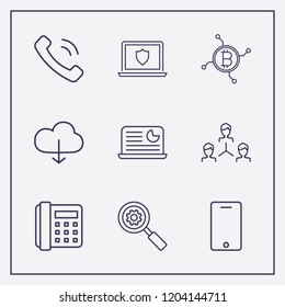 Outline 9 connection icon set. search setting, smartphone, laptop with analytic and laptop shield vector illustration