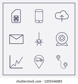Outline 9 connection icon set. smartphone, analytics, web camera and distance vector illustration