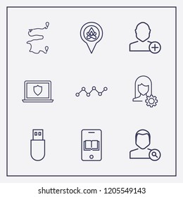 Outline 9 connection icon set. add user, location, laptop shield and online learning vector illustration