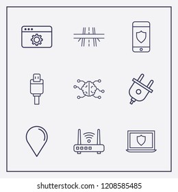 Outline 9 connection icon set. smartphone with shield, network brain, location and overpass vector illustration
