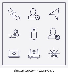 Outline 9 connection icon set. spider web, laptop setting, handset add and close user vector illustration