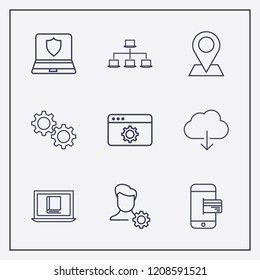 Outline 9 connection icon set. map location, cloud download, gear setting and browser setting vector illustration