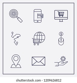 Outline 9 connection icon set. distance, hand with gear, smartphone payment and online shop vector illustration