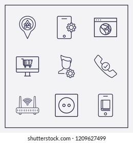 Outline 9 connection icon set. online learning, smartphone setting, online shop and location vector illustration