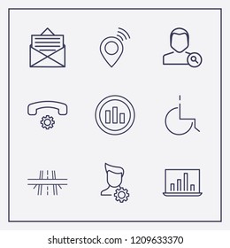 Outline 9 connection icon set. message, analytics, handset setting and location vector illustration