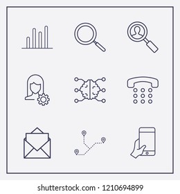 Outline 9 connection icon set. analytics, user setting, hand with phone and mail vector illustration