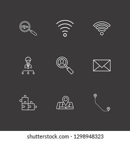 Outline 9 connection icon set. search airplane, distance, mail and map location vector illustration