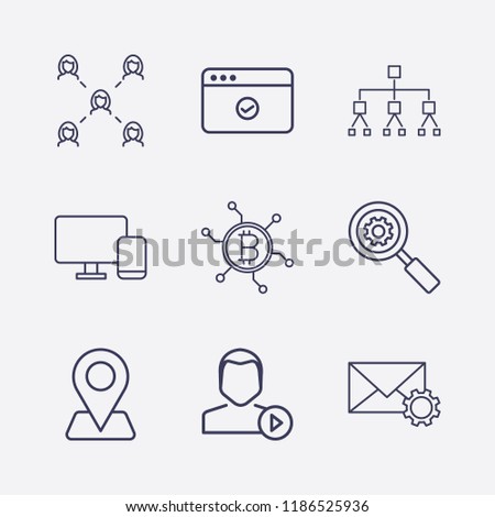 Outline 9 connection icon set. location, monitor phone, user play, search setting, mail setting, organization, browser check, network bitcoin and network vector illustration