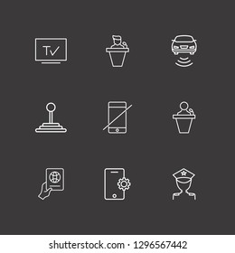 Outline 9 control icon set. police, speaker human, speed shifter and foreign passport with hand vector illustration
