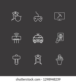 Outline 9 control icon set. joystick, monitor with mining, police and speaker human vector illustration