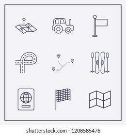Outline 9 country icon set. map, tractor, flag and foreign passport vector illustration