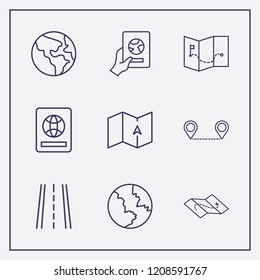 Outline 9 country icon set. foreign passport, earth, map and distance map vector illustration