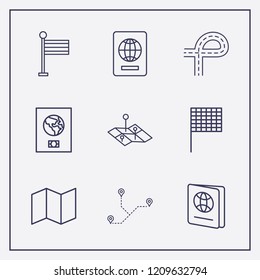 Outline 9 country icon set. distance, map, foreign passport and flag vector illustration