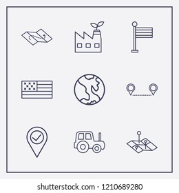 Outline 9 country icon set. distance, tractor, location check and eco factory vector illustration