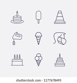 Outline 9 cream icon set. cone, hand mixer, hygiene face mask, birthday cake, cake and ice cream vector illustration