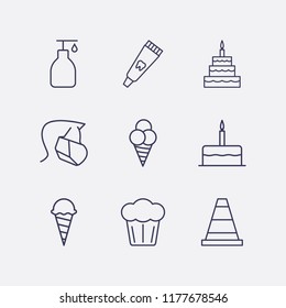 Outline 9 cream icon set. birthday cake, toothpaste tube, ice cream, hygiene face mask, cake, cone and liquid soap vector illustration