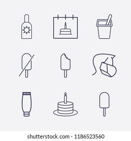 Outline 9 cream icon set. birthday cake, ice cream, calendar with birthday cake, forbidden ice cream, tube cream, sunscreen, hygiene face mask and yogurt vector illustration