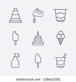 Outline 9 cream icon set. birthday cake, cone, hand mixer, yogurt, ice cream and liquid soap vector illustration