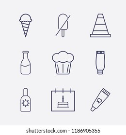 Outline 9 cream icon set. forbidden ice cream, milk bottle, toothpaste tube, cone, ice cream, tube cream, cake, calendar with birthday cake and sunscreen vector illustration
