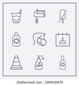 Outline 9 cream icon set. hygiene face mask, sunscreen, calendar with birthday cake and forbidden ice cream vector illustration