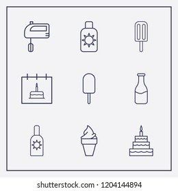 Outline 9 cream icon set. hand mixer, birthday cake, ice cream and milk bottle vector illustration