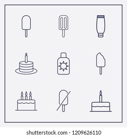 Outline 9 cream icon set. ice cream, birthday cake, forbidden ice cream and cake vector illustration