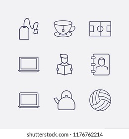 Outline 9 cup icon set. volleyball ball, read the book, phone book, tea cup, tea bag, football field, teapot and laptop vector illustration