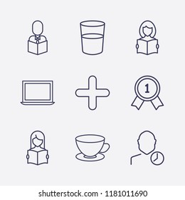Outline 9 cup icon set. tea cup, water glasses, user clock, plus, read the book, reading a book, award and laptop vector illustration