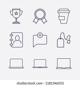 Outline 9 cup icon set. coffee cup, add chat, phone book, award, winner cup, tea bag and laptop vector illustration
