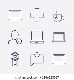 Outline 9 cup icon set. award, tea, add chat, user clock, laptop and plus vector illustration