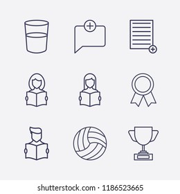 Outline 9 cup icon set. award, water glasses, add document, read the book, award cup, add chat and volleyball ball vector illustration