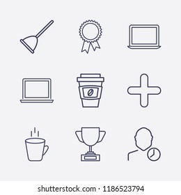 Outline 9 cup icon set. coffee cup, user clock, plus, award cup, toilet pump, laptop, hot cup and award vector illustration