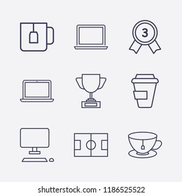 Outline 9 cup icon set. award cup, tea cup, coffee cup, football field, laptop, desktop, teacup and award vector illustration
